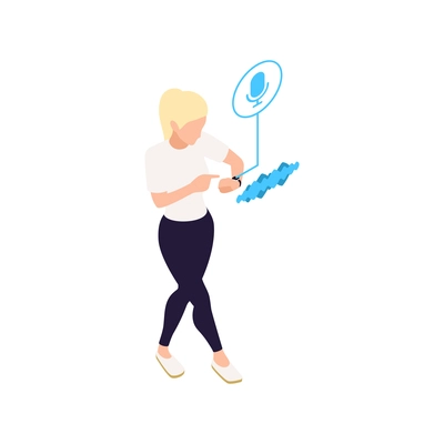 Isometric woman using personal assistant app with voice recognition on smartphone vector illustration