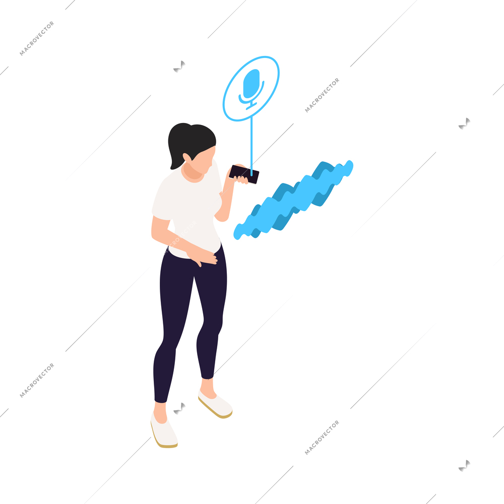 Woman using voice assistant on mobile device isometric vector illustration