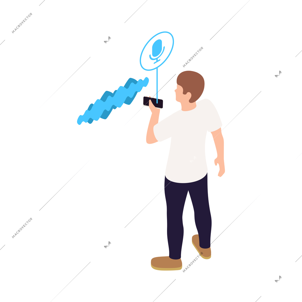 Isometric back view of character using voice assistant on smartphone vector illustration