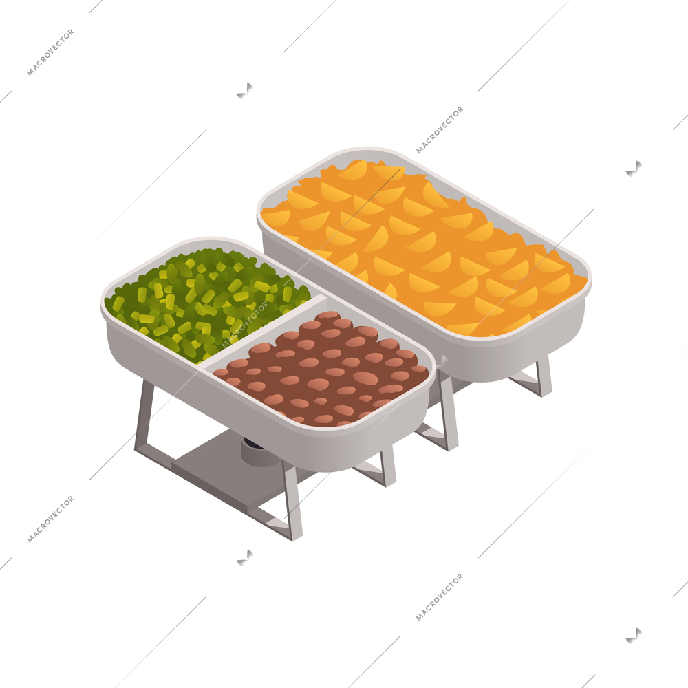 Buffet isometric icon with food in open trays on white background vector illustration