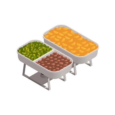 Buffet isometric icon with food in open trays on white background vector illustration