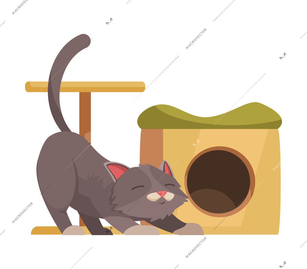 Cartoon grey cat next to his house with scratching post vector illustration