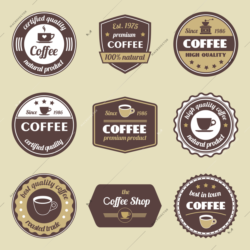 Coffee natural product certified quality label set isolated vector illustration