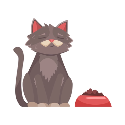 Elderly grey cat and his bowl of food on white background cartoon vector illustration