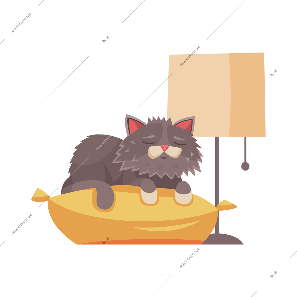 Cartoon cute grey cat sleeping on pillow vector illustration