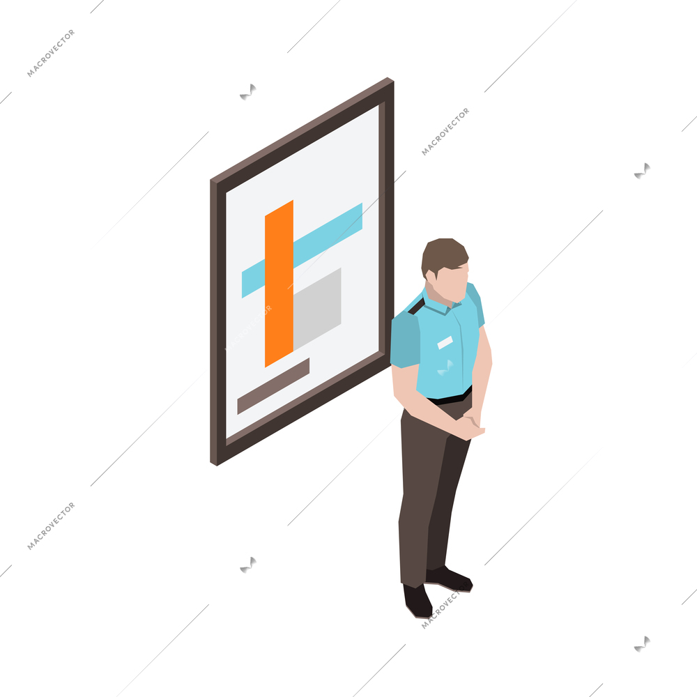 Male guide standing near painting at art gallery isometric vector illustration