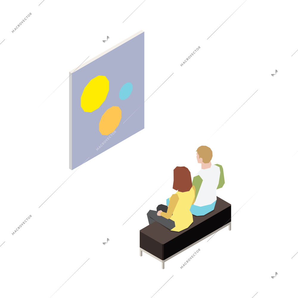 Isometric icon with characters of art gallery visitors on white background isolated vector illustration