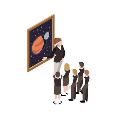 School excursion at art gallery isometric icon on white background vector illustration
