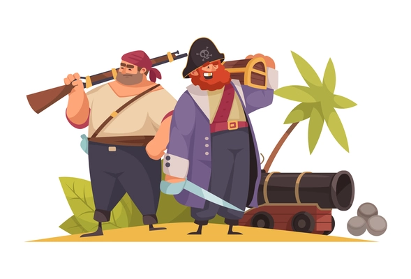 Two cartoon pirates with gun sword cannon and wooden chest vector illustration