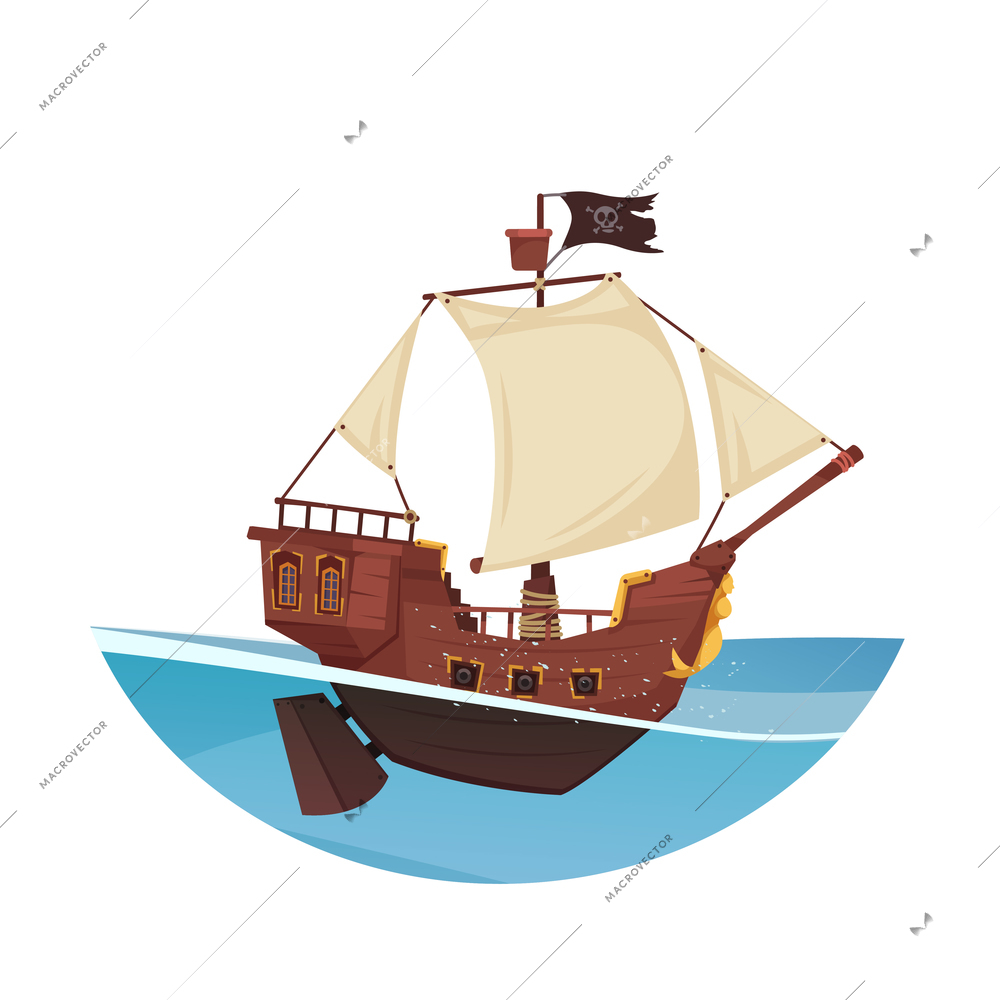 Armoured wooden pirate ship on open sea cartoon vector illustration