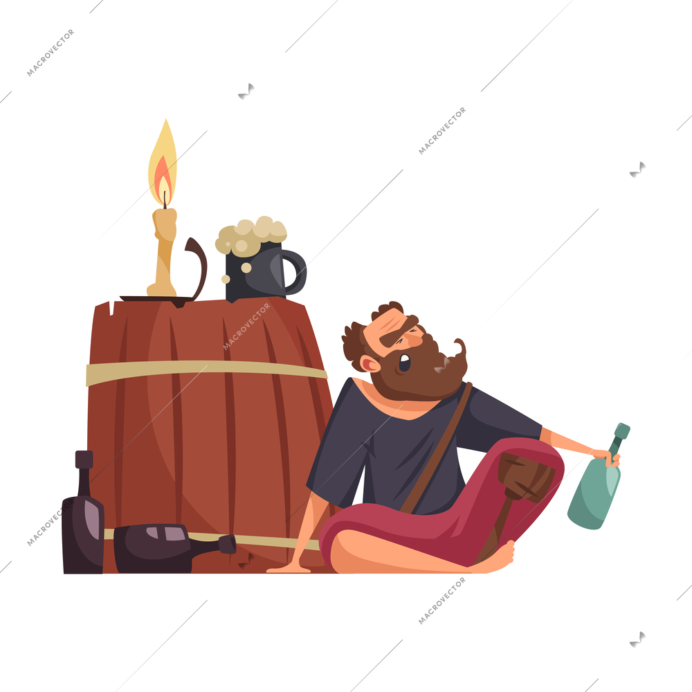 Drunk pirate with wooden leg and bottle of rum cartoon vector illustration