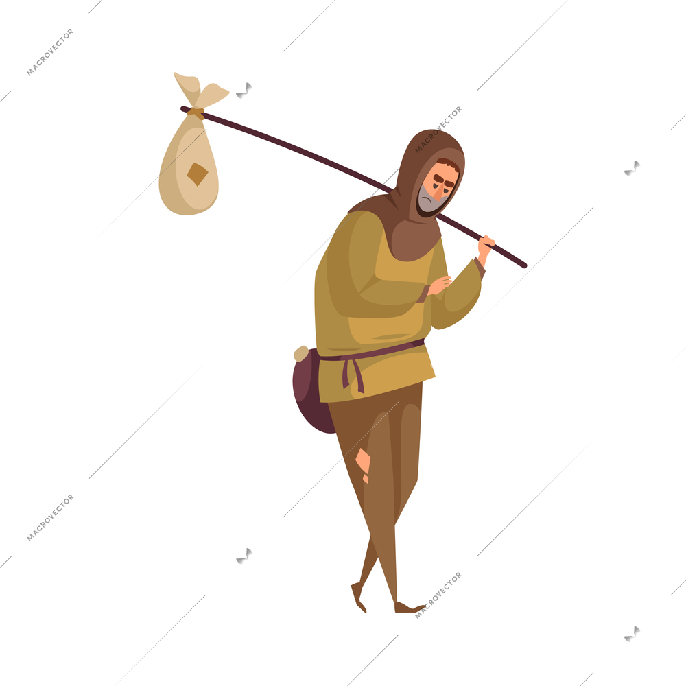 Poor sad tramp with fardel on stick cartoon vector illustration