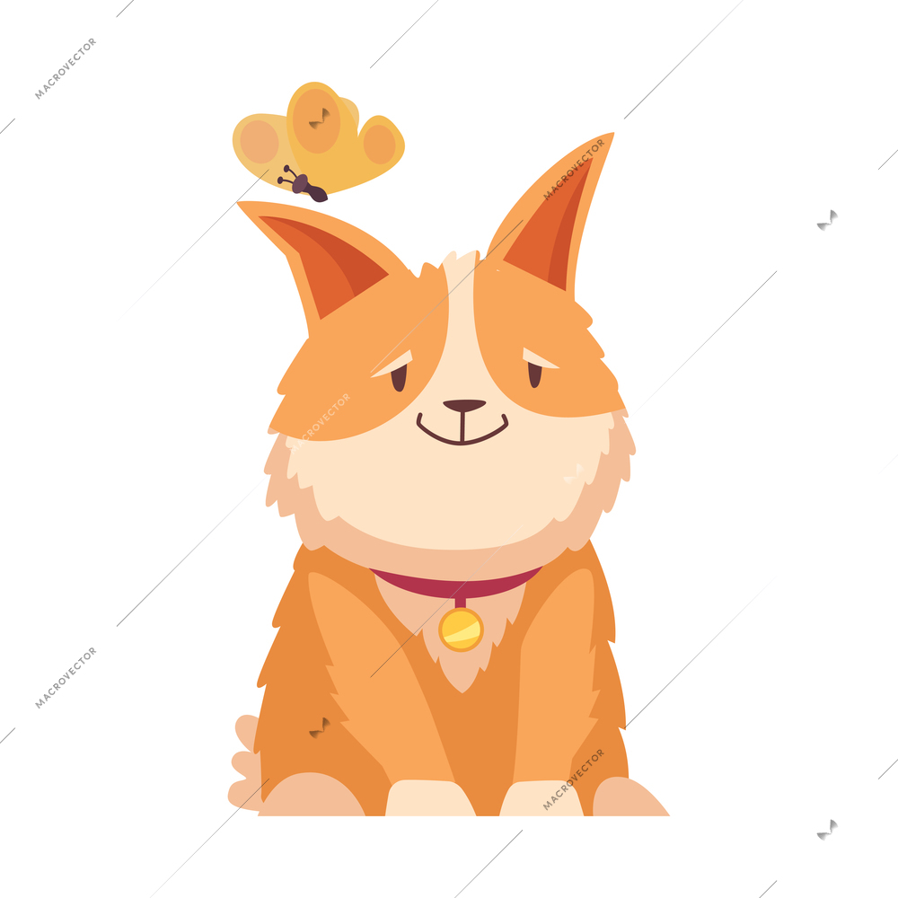 Happy cartoon old dog and butterfly on white background vector illustration