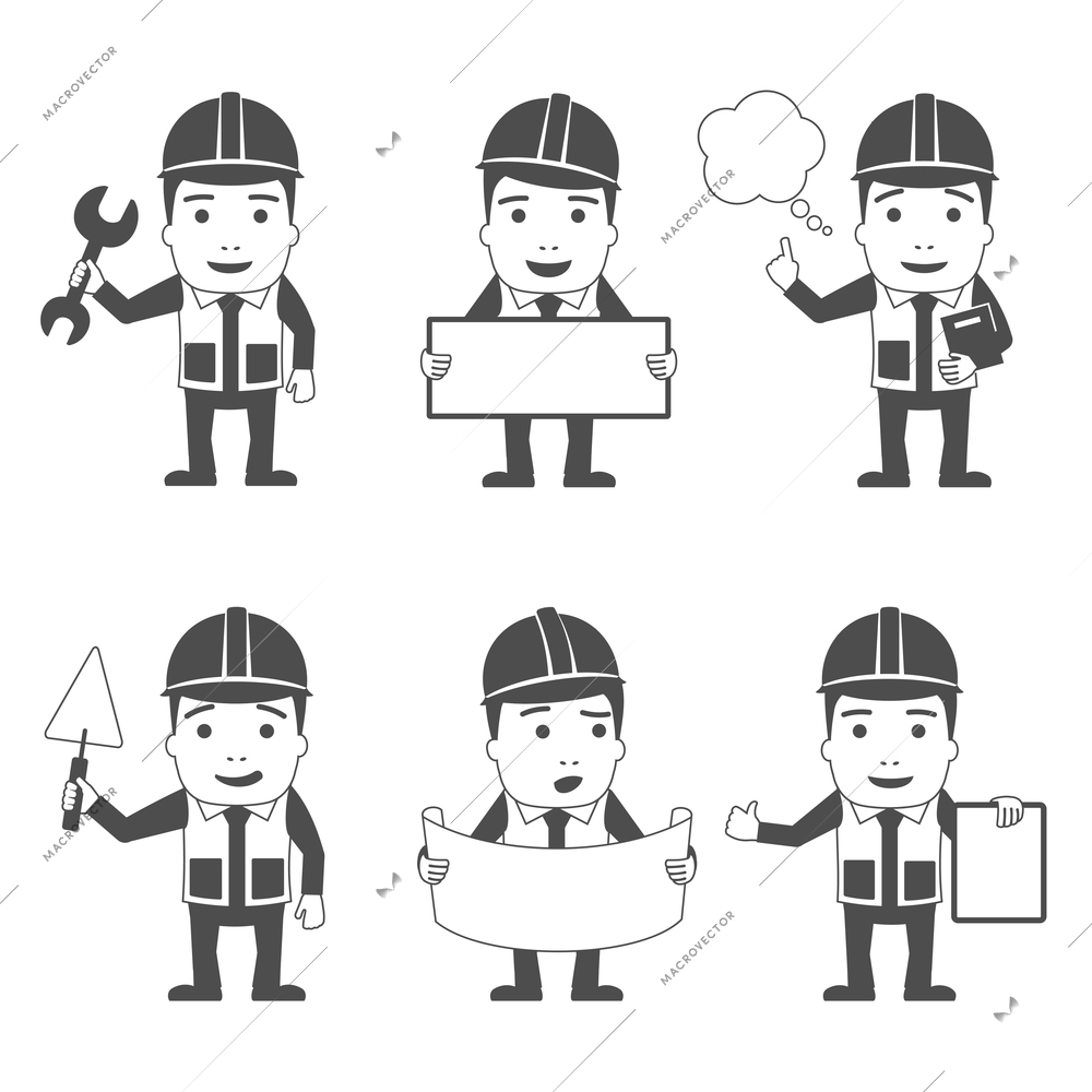 Builder manual worker workman male characters black set isolated vector illustration