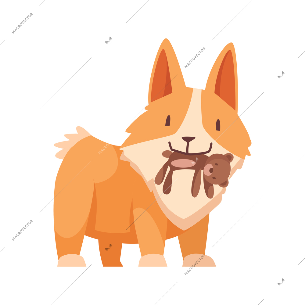 Small puppy holding toy bear in his teeth cartoon vector illustration