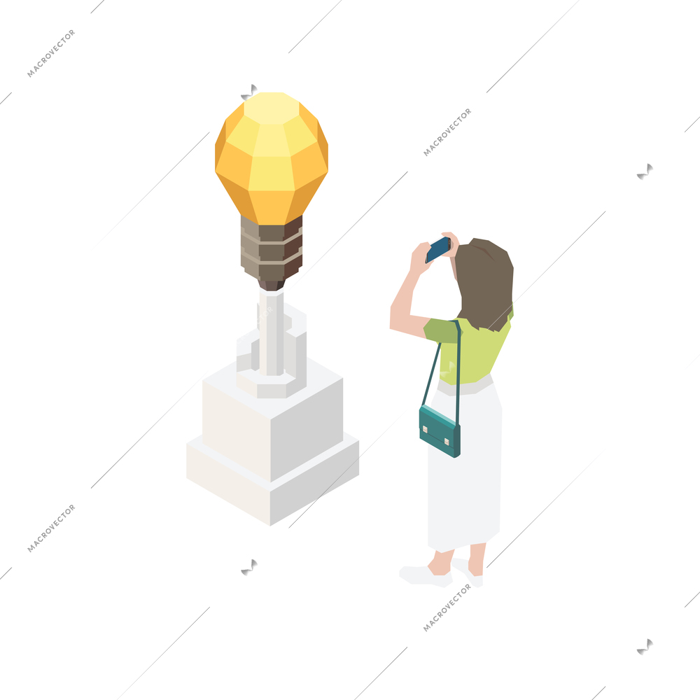 Exhibition isometric icon with visitor taking photo of contemporary artwork vector illustration