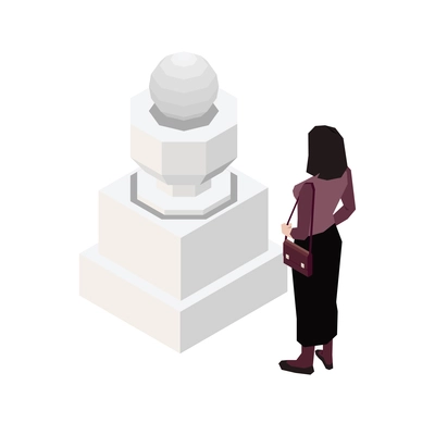 Woman looking at modern statue at art exhibition 3d isometric vector illustration