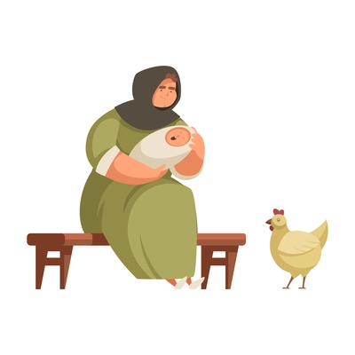 Cartoon medieval peasant woman lulling baby vector illustration