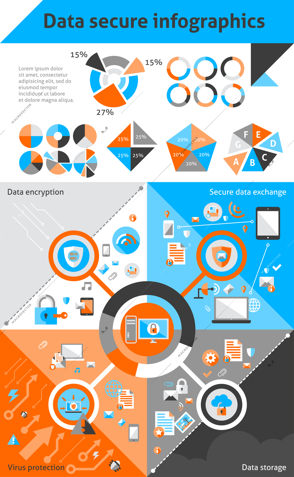 Computer data protection and secure elements inforgaphic set vector illustration