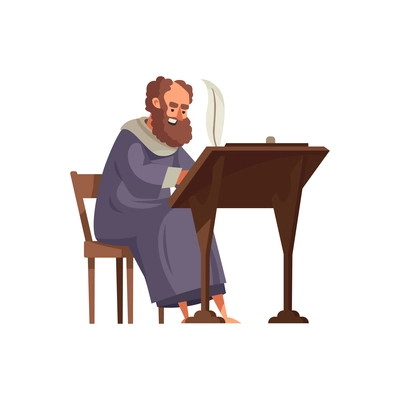 Cartoon icon of bearded medieval annalist writing with feather vector illustration