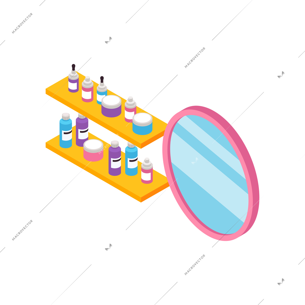 Beauty salon interior isometric icon with pink mirror and cosmetic products on yellow shelves 3d vector illustration