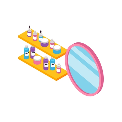 Beauty salon interior isometric icon with pink mirror and cosmetic products on yellow shelves 3d vector illustration