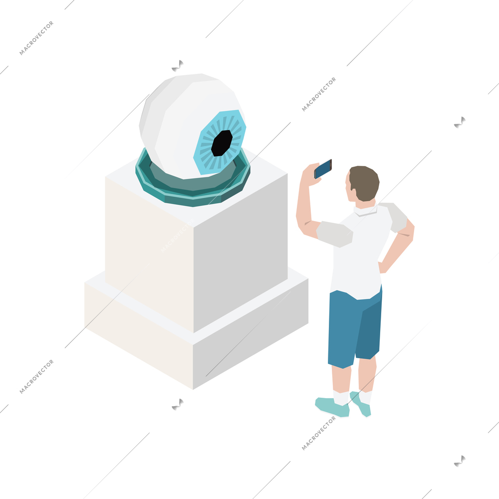 Art exhibition visitor taking photo of big human eye sculpture isometric vector illustration