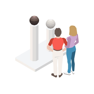 Isometric art gallery icon with two people looking at modern sculptures 3d vector illustration