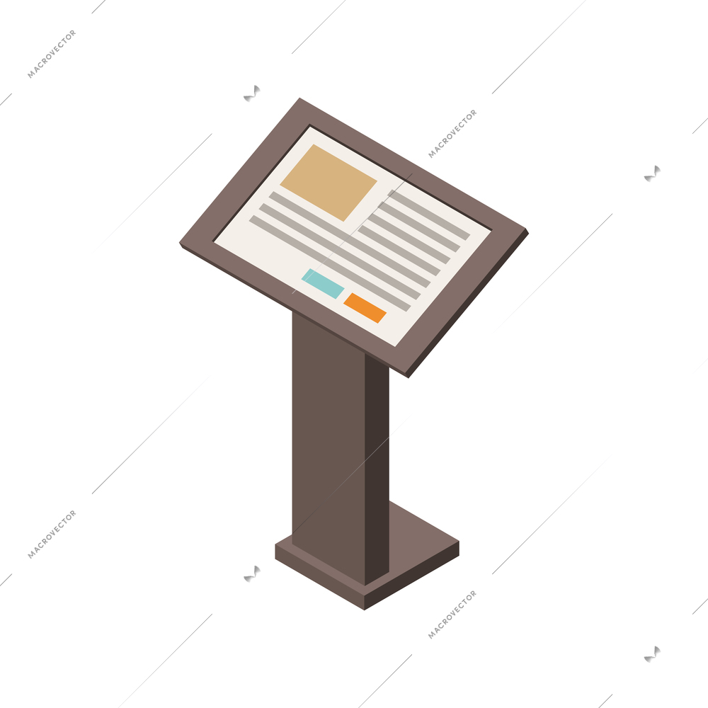 Isometric museum information board with description of exhibit item 3d vector illustration