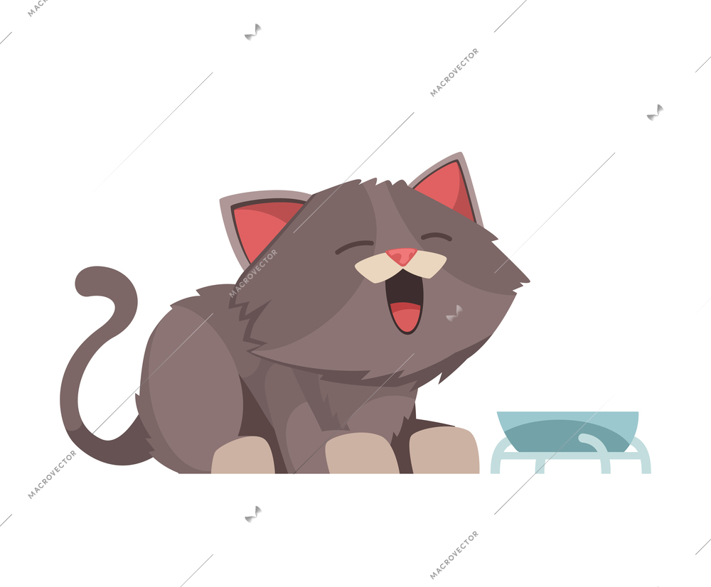 Grey kitten yawning near his bowl cartoon vector illustration