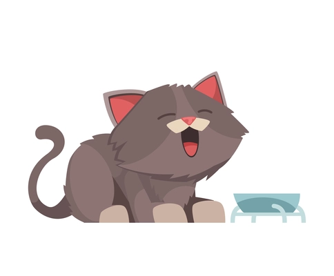 Grey kitten yawning near his bowl cartoon vector illustration