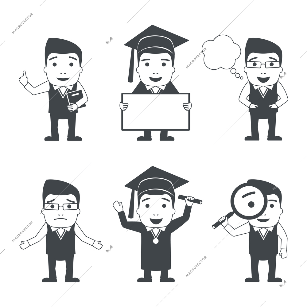Education male teacher and student characters black set isolated vector illustration.