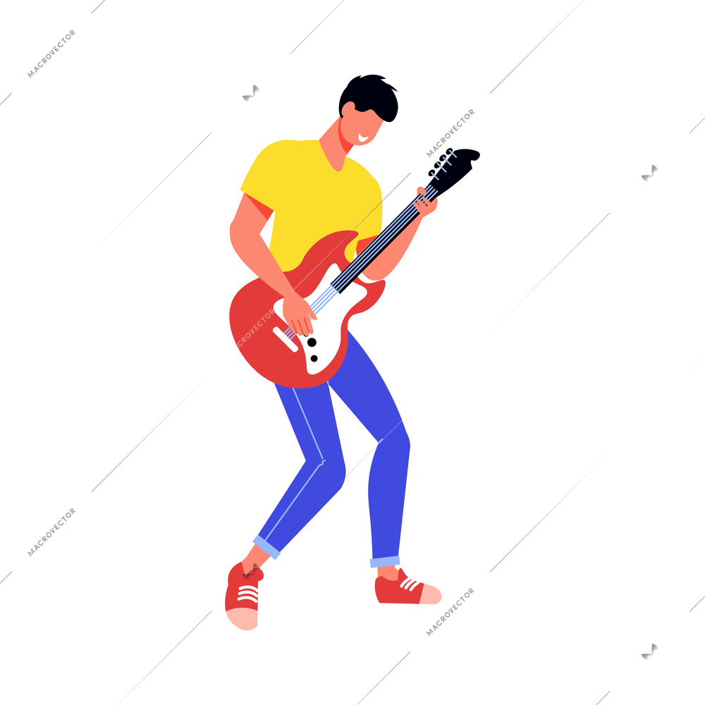 Male rock musician playing guitar flat icon vector illustration