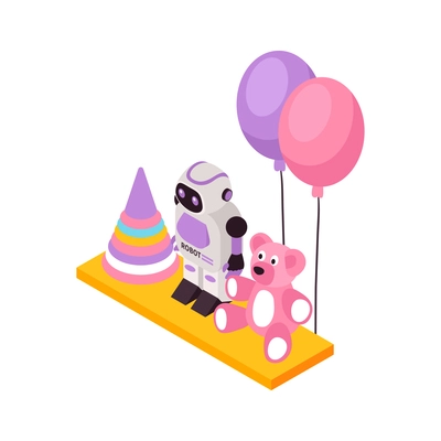 Children stacking toy robot teddy bear balloons on wooden shelf isometric icon vector illustration