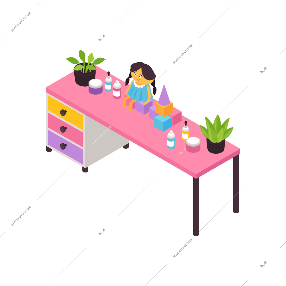 Isometric child hair salon interior icon with cosmetics and toys on pink table 3d vector illustration