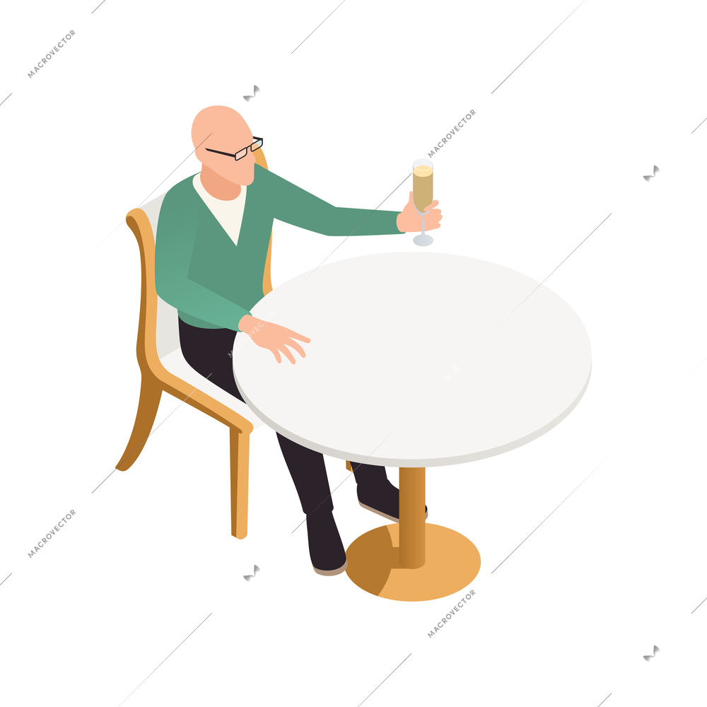 Isometric icon with man drinking champagne in restaurant 3d vector illustration