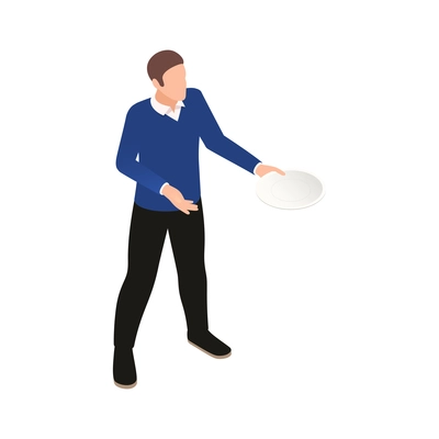 Isometric icon of man holding empty white ceramic plate 3d vector illustration