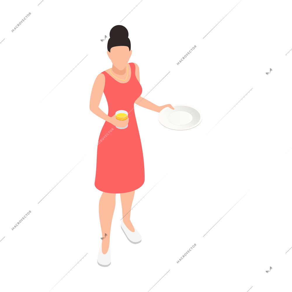 Buffet service isometric icon with woman holding empty plate and glass 3d vector illustration