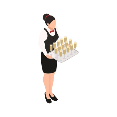 Catering isometric icon with waitress holding tray with champagne glasses vector illustration