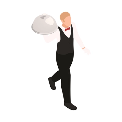 Isometric icon of waiter in uniform carrying silver cloche vector illustration