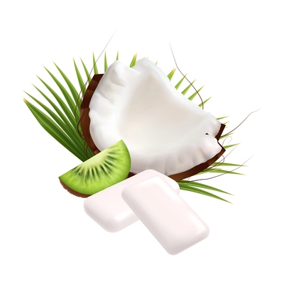 Realistic icon with coconut and kiwi bubble gum pads on white background vector illustration