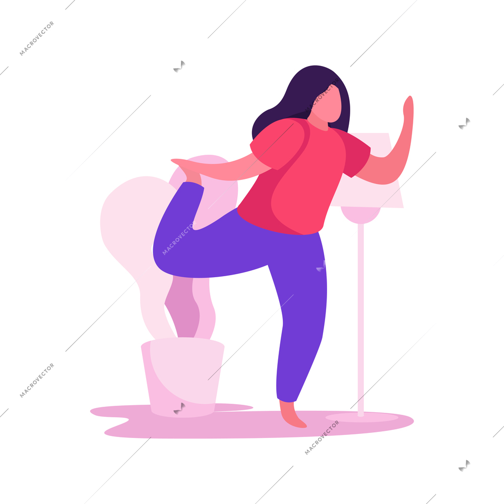 Woman doing sport at home flat vector illustration