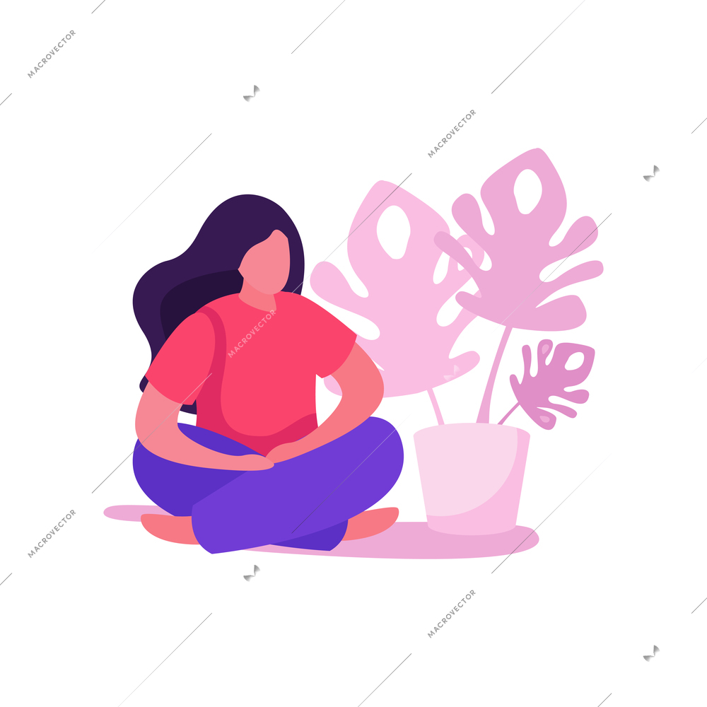 Self care concept with flat woman sitting in yoga lotus position on floor vector illustration
