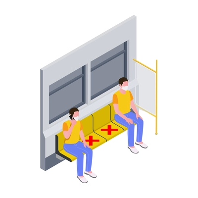 Isometric icon with people keeping social distance in subway 3d vector illustration