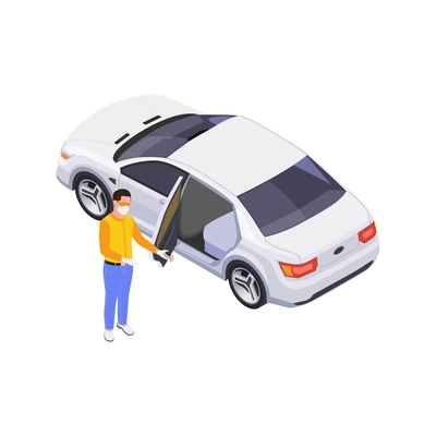 Social distancing isometric icon with driver in medical mask and gloves opening car door vector illustration