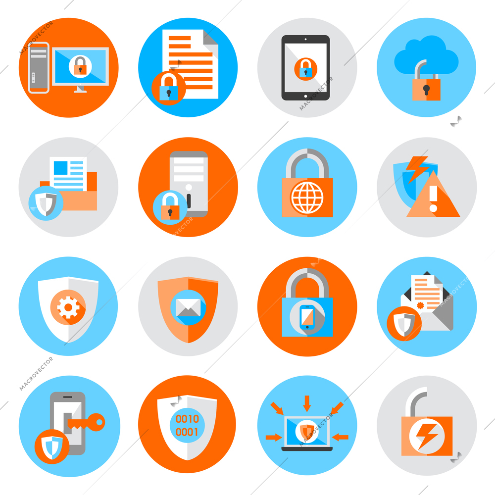 Business data protection technology and cloud network security icons set flat vector illustration