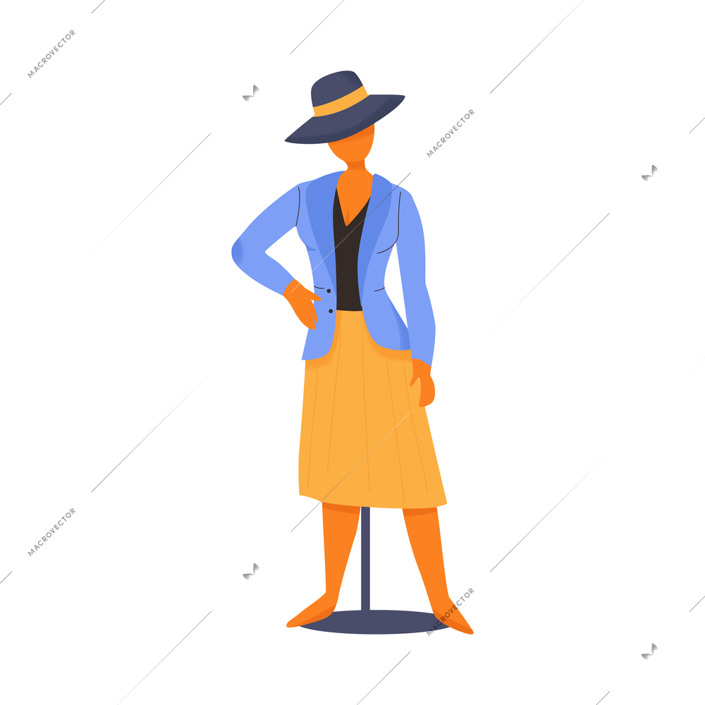 Full length mannequin dressed in jacket skirt and hat flat vector illustration