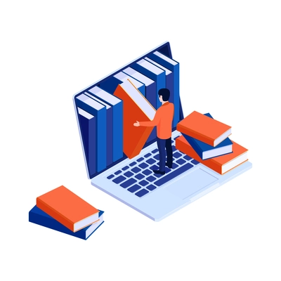 Isometric online library concept with computer and man choosing book 3d vector illustration