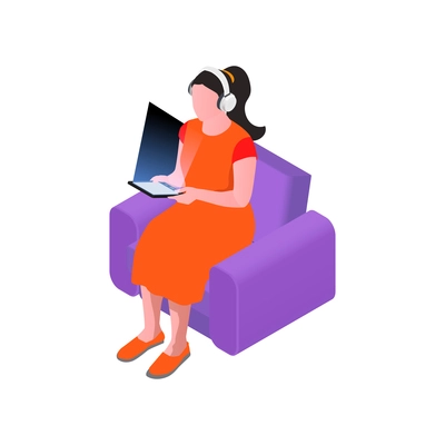 Woman in headphones with ebook or tablet isometric icon vector illustration