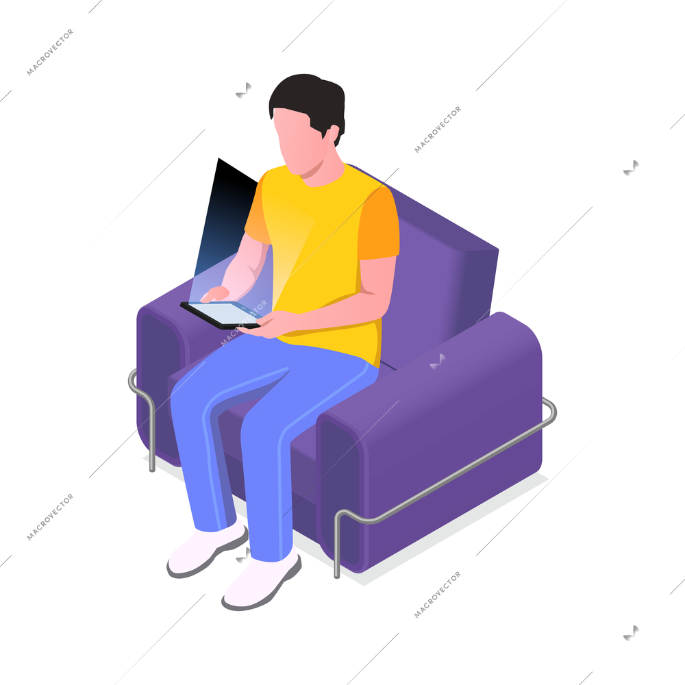 Isometric icon of man character reading ebook in armchair vector illustration